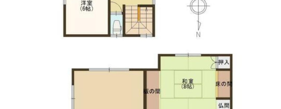 A floor plan of a two-story house with a total of six rooms. The first floor features a living-dining room, a kitchen, a bathroom, a toilet, a storage room, and a mudroom. The second floor has three bedrooms, a closet, and a balcony. The house also includes a staircase connecting the two floors.