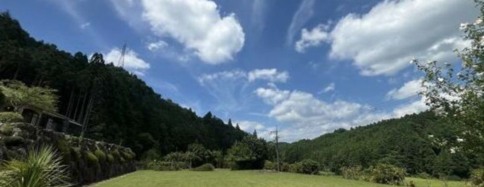 The photo shows a vast expanse of green lawn stretching out towards a backdrop of rolling hills. The sky is a brilliant blue, dotted with fluffy white clouds. A stone pathway winds through the lawn, leading towards a dense forest in the distance. The overall impression is one of tranquility and natural beauty.