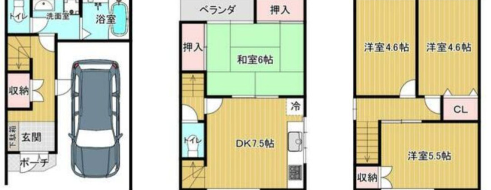 The image shows a floor plan of a house with three levels. The ground floor features a garage, a bathroom, and a toilet. The first floor has a kitchen and dining area (DK), a Japanese-style room (和室), a storage closet, and a toilet. The second floor has three western-style rooms (洋室), a bathroom, and a toilet. The plan also indicates entrances, windows, and the direction of north.