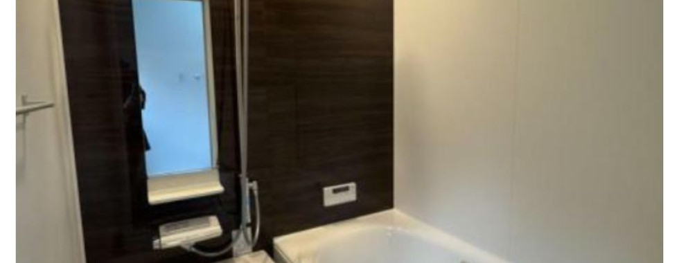 Modern bathroom with soaking tub, dark wood accent wall, and chrome fixtures.