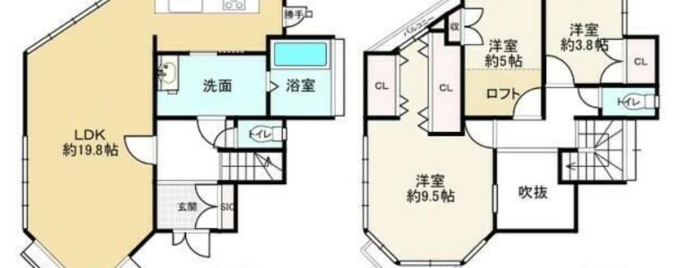 A floor plan of a two-story house. The first floor includes a living room, dining room, kitchen, bathroom, and laundry room. The second floor has three bedrooms, a loft, and a bathroom. There is a balcony off the living room and a terrace off the bedroom. The house has a garage.