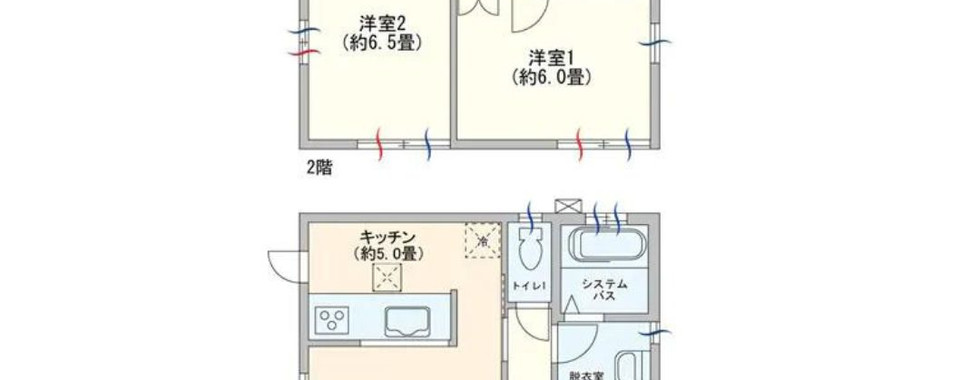 A floor plan for a two-story house. The first floor includes a living room, kitchen, bathroom, and entrance hall. The second floor features three bedrooms, a toilet, and a bathroom.
