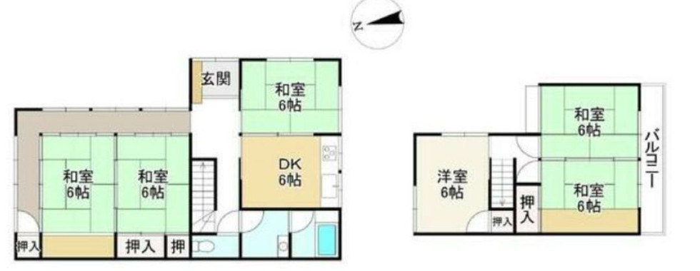 A floor plan of a two-story Japanese-style house. The first floor includes a living room, dining room, kitchen, bathroom, toilet, storage rooms, and a Japanese-style room. The second floor includes four bedrooms, a bathroom, and a balcony. The house has several traditional Japanese-style rooms called "wa-shitsu."