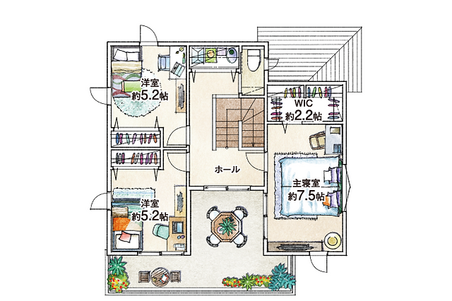 Floor plan of a two-story house in Dazaifu, Fukuoka, Japan. The layout includes 4LDK (four bedrooms, living room, dining room, and kitchen), a hallway, a bathroom, a Japanese-style room (washitsu), and a wooden deck. Text labels are in Japanese.