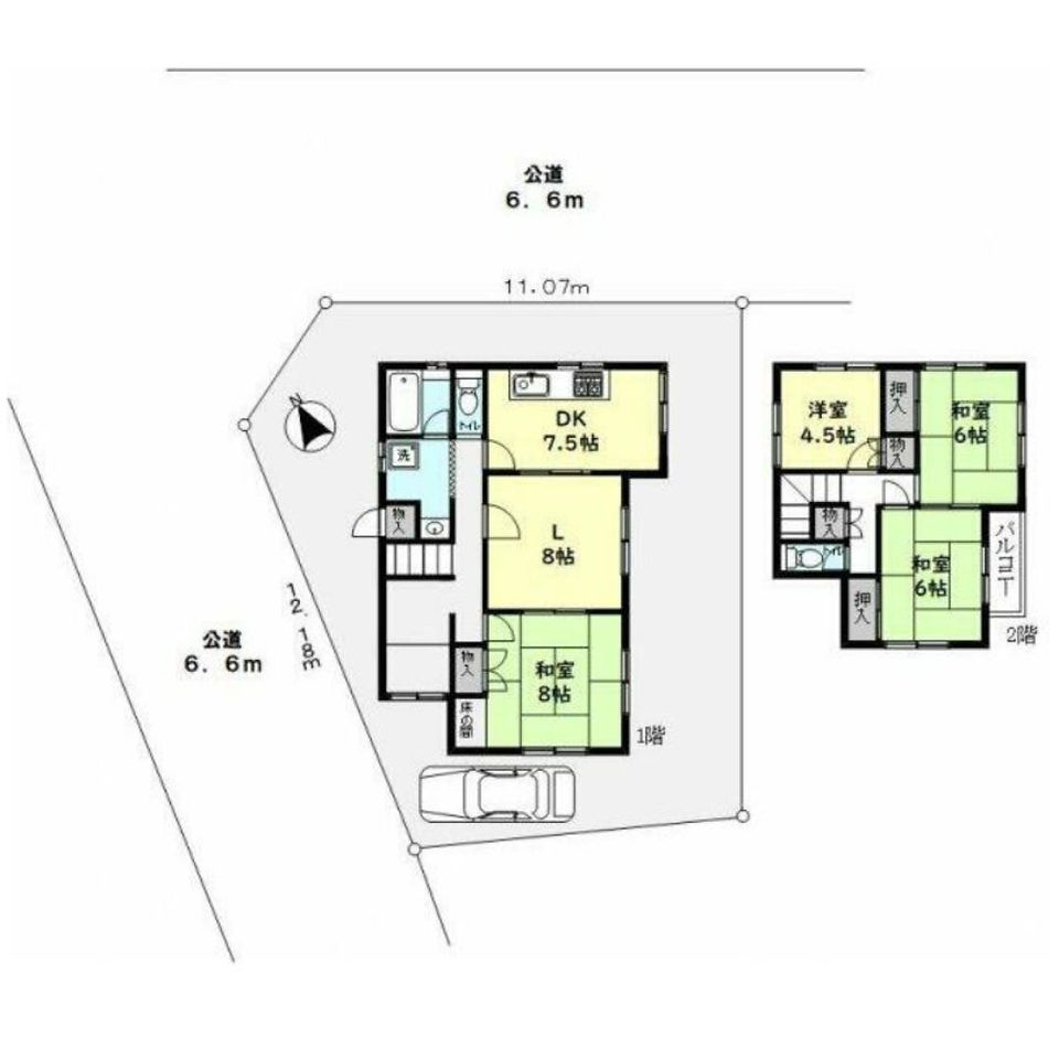 This is a floor plan image depicting the layout of a two-story house.  The first floor, labeled "1階," shows a rectangular layout with several rooms.  Starting from the bottom right and moving clockwise, there's a Japanese-style room (和室) of 8 tatami mats, another Japanese-style room of 6 tatami mats, a Living room (L) of 8 tatami mats, a Dining/Kitchen area (DK) of 7.5 tatami mats, a bathroom (洗), and a foyer/entrance area (玄関).  Built-in closets (押入) are indicated in the Japanese-style rooms, and a storage area (物入) is also labeled.  The plan also notes the dimensions of the plot in meters, with measurements along the sides of the rectangle.  A car-shaped icon at the bottom suggests a parking space.  The second floor, labeled "2階," shows two identical Japanese-style rooms of 6 tatami mats each, both featuring built-in closets (押入) and storage (物入).  One of these rooms has access to a balcony (バルコニー).  The floor plan includes a compass direction indicator and notes the public roads (公道) bordering the property with measurements.  The layout suggests a compact but functional living space with a mix of traditional Japanese and modern Western-style rooms.