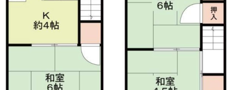 This image shows a floor plan of a two-story house. The first floor features a kitchen (K), a Japanese-style room (和室), a bathroom, and a toilet. The second floor has two Japanese-style rooms (和室). The floor plan also includes labels for the different rooms and their approximate sizes in Japanese tatami mats (帖).
