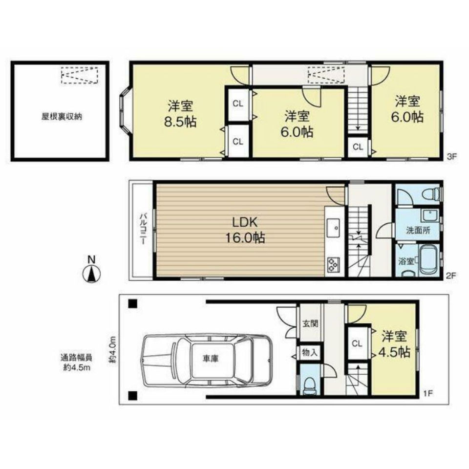 First Floor (1F):  Garage: A space for parking one car. Storage Room: A small room for storage. Bedroom: A standard bedroom with a closet. Second Floor (2F):  LDK (Living, Dining, Kitchen): A spacious open-plan area with a kitchen, dining space, and living area. Bathroom: Includes a toilet, sink, and bathtub. Laundry Room: Equipped with a washing machine and dryer. Stairs: Lead to the third floor. Third Floor (3F):  Bedroom: A standard bedroom with a closet. Bedroom: A standard bedroom with a closet. Bedroom: A standard bedroom with a closet. Rooftop Storage: A small storage space on the roof. The floor plan includes measurements in Japanese units (帖) for each room.