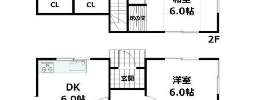 This image shows a floor plan for a two-story house. The second floor (2F) features a balcony, two Western-style rooms (洋室) each measuring 6.0 tatami mats in size, a Japanese-style room (和室) also measuring 6.0 tatami mats, closets (CL), and a space for an alcove (床の間). The first floor (1F) includes a dining-kitchen area (DK) measuring 6.0 tatami mats, an entrance, two more Western-style rooms each measuring 6.0 tatami mats, a bathroom, and another closet (CL).