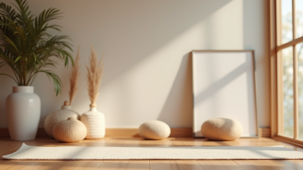 Close-up view of a serene yoga space with mat and decorations