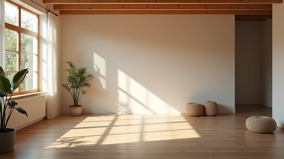 Wide angle view of a tranquil yoga studio filled with natural light