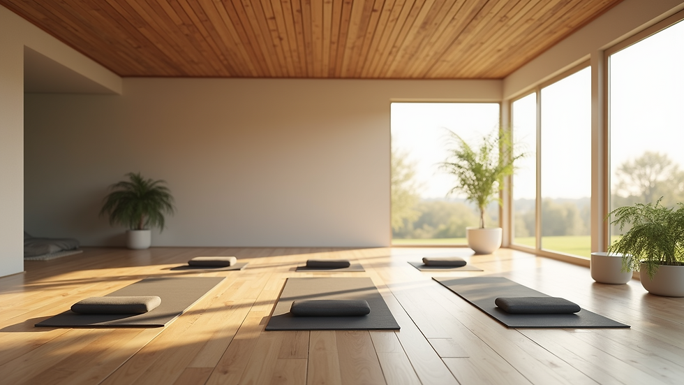 Eye-level view of a tranquil yoga space with soft lighting