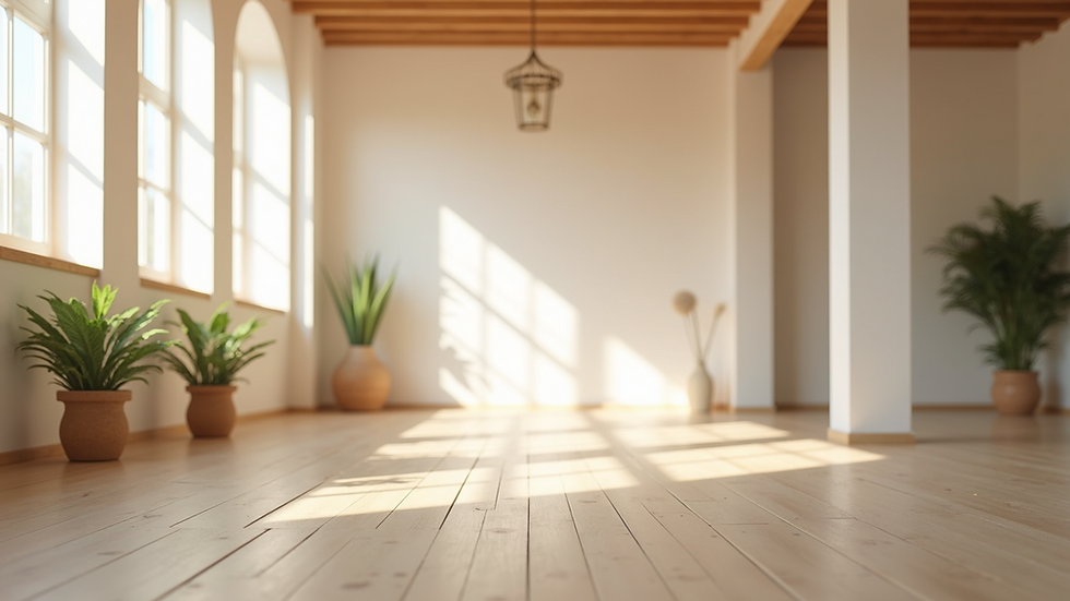 Eye-level view of a light and airy yoga space dedicated to wellness