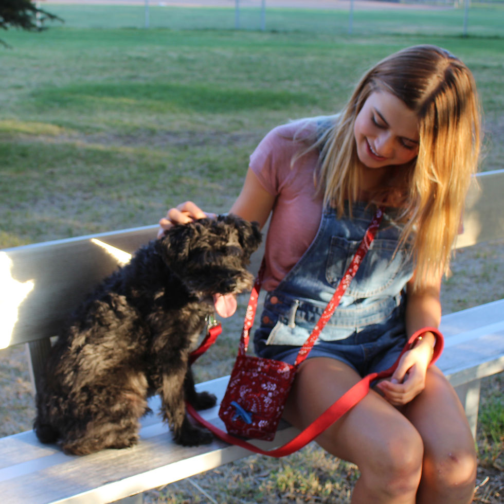 Thumbnail: Girl with dog wearing dog walking bag