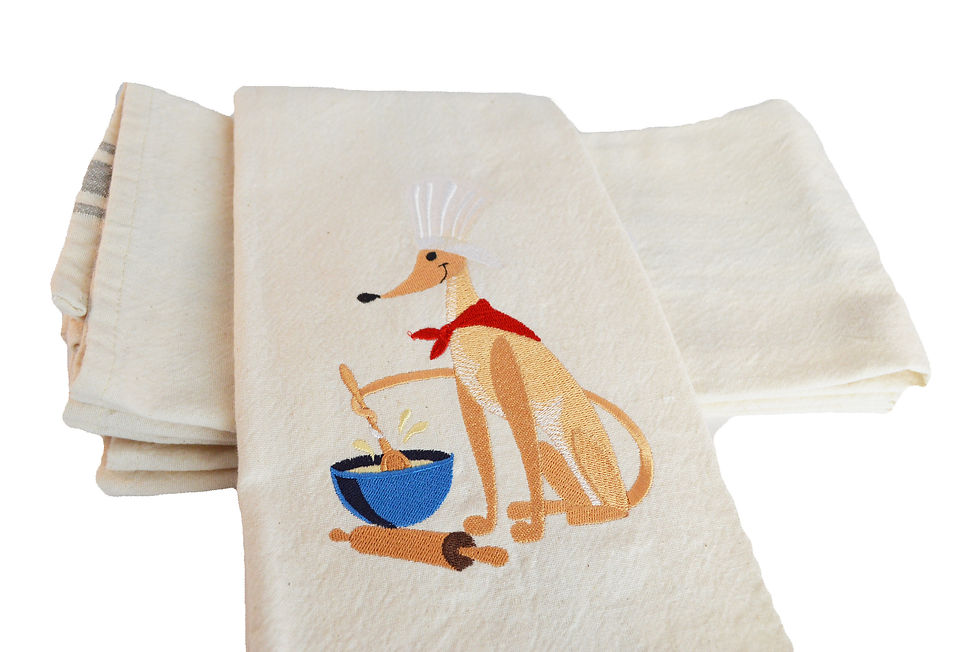 Thumbnail: Tea Towel Embroidered with a Greyhound Helping in the Kitchen Alt View