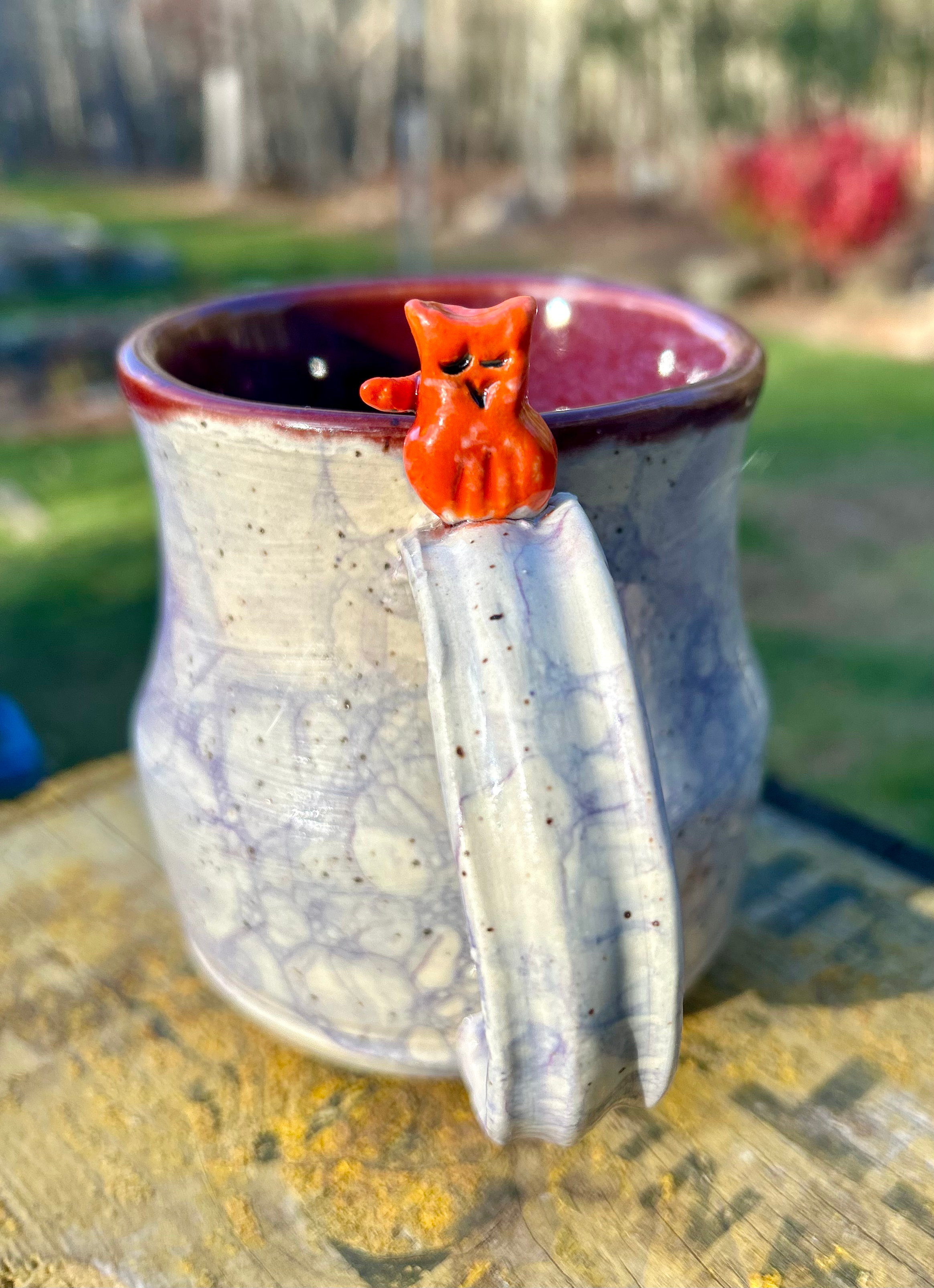Handmade Ceramic Mug – Purple Bubble Glaze with Orange Cat Handle