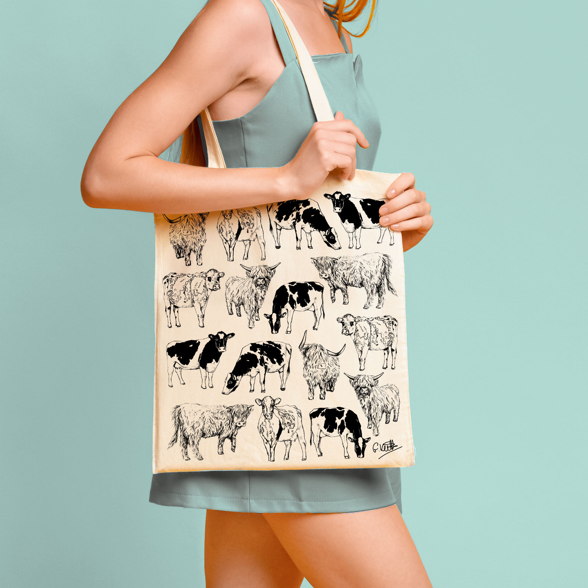 Cows Design Screen Printed Cotton Tote Bag