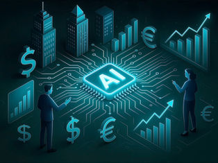 Man and woman stand near a glowing AI chip in a futuristic cityscape. Dollar and euro symbols, graphs, and buildings surround them.