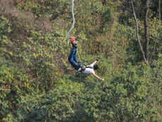 Man bungee jumps upside down over a forest, strapped to a cord and harness, arms outstretched in an exhilarating moment.