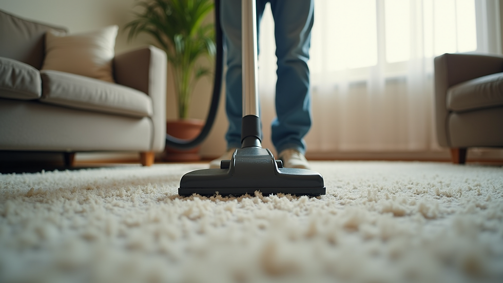 Eye-level view of a professional cleaner vacuuming a living room carpet