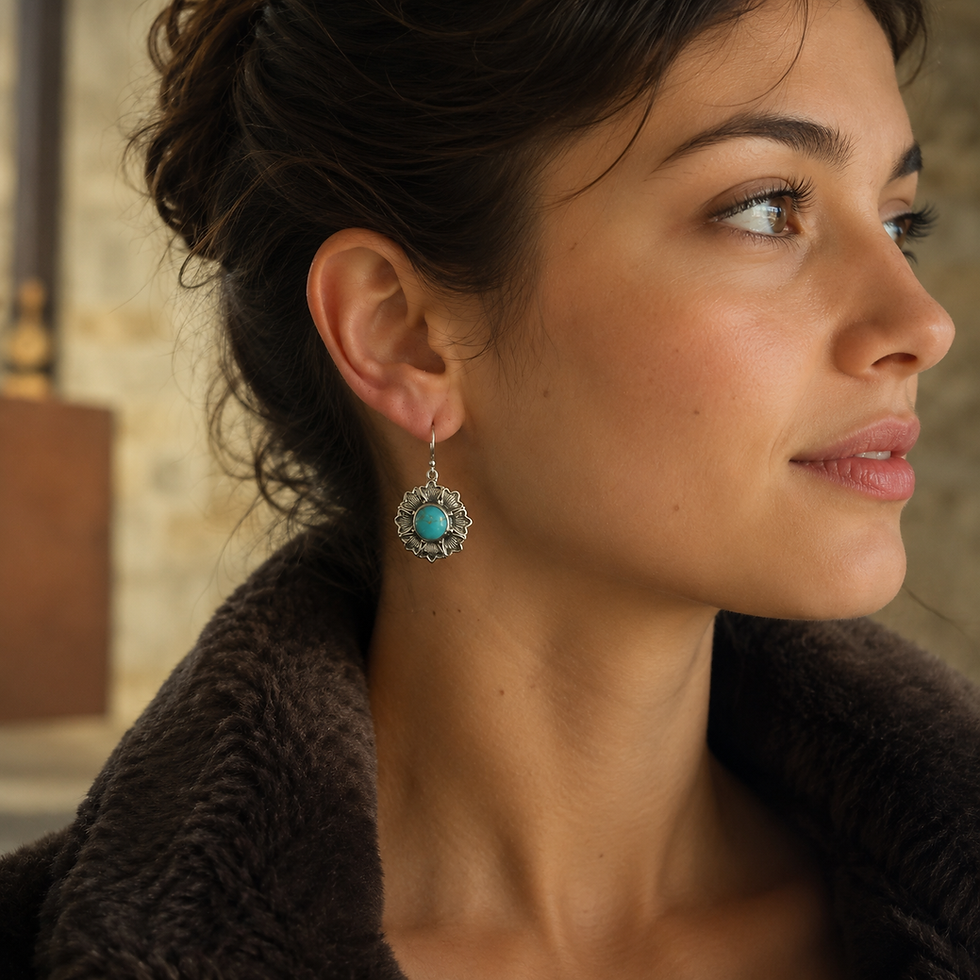 Boucles d'oreilles fleur en turquoise et argent 925‰/vue sur oreille