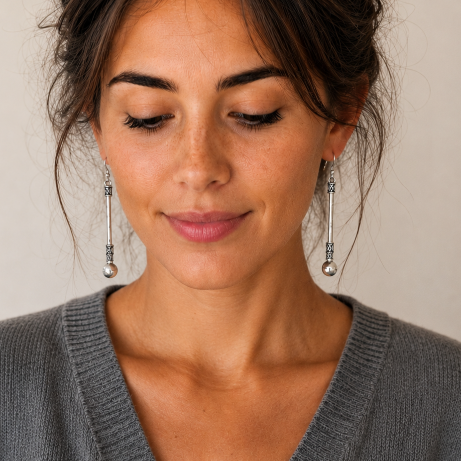 Boucles d'oreilles longues en argent 925‰/vue sur oreilles