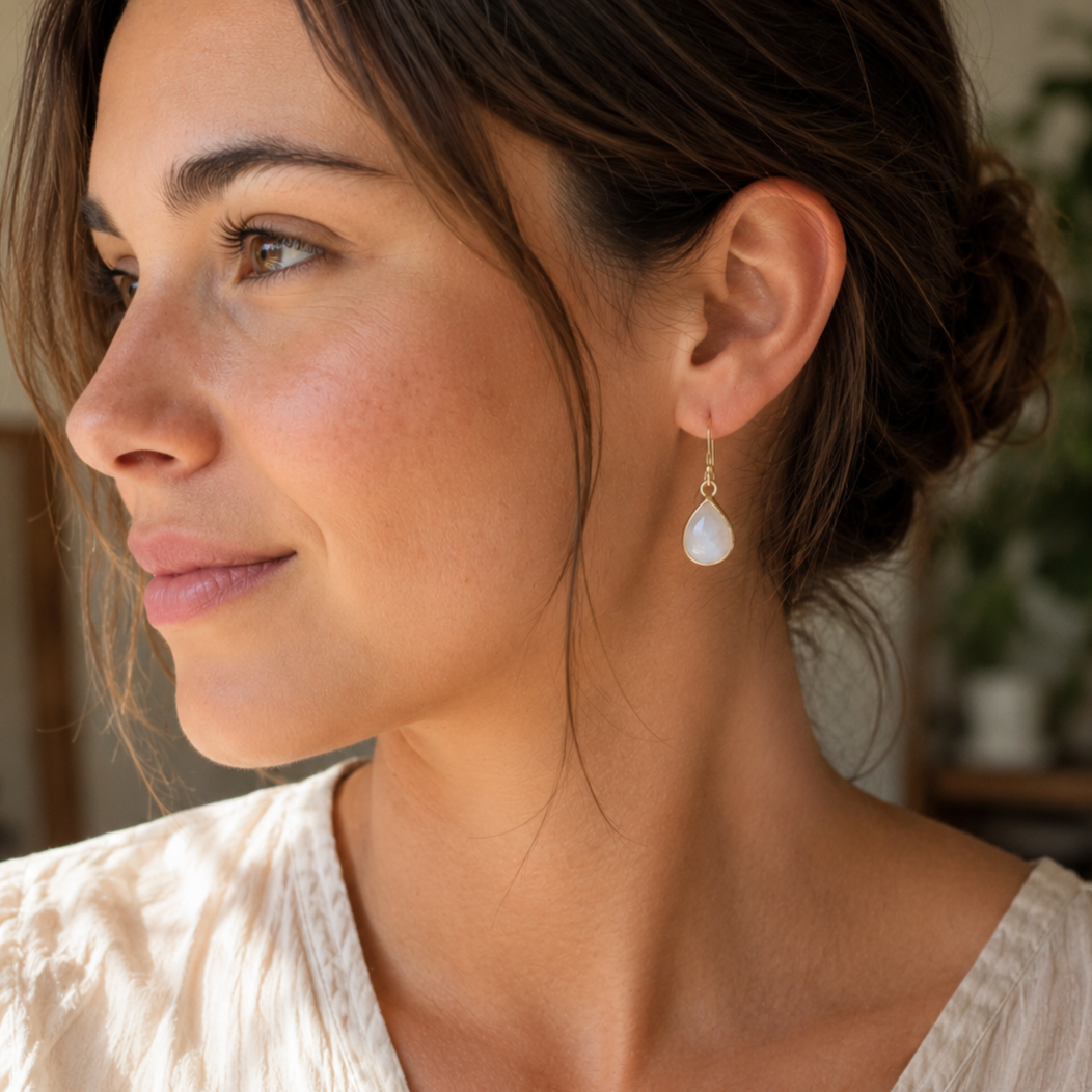 Boucles d'oreilles gouttes en pierre de lune et argent 925‰/vue sur oreille