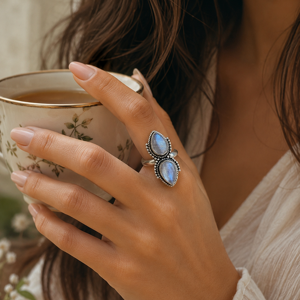 Bague pierres de lune en miroir et argent massif 925‰/vue sur main