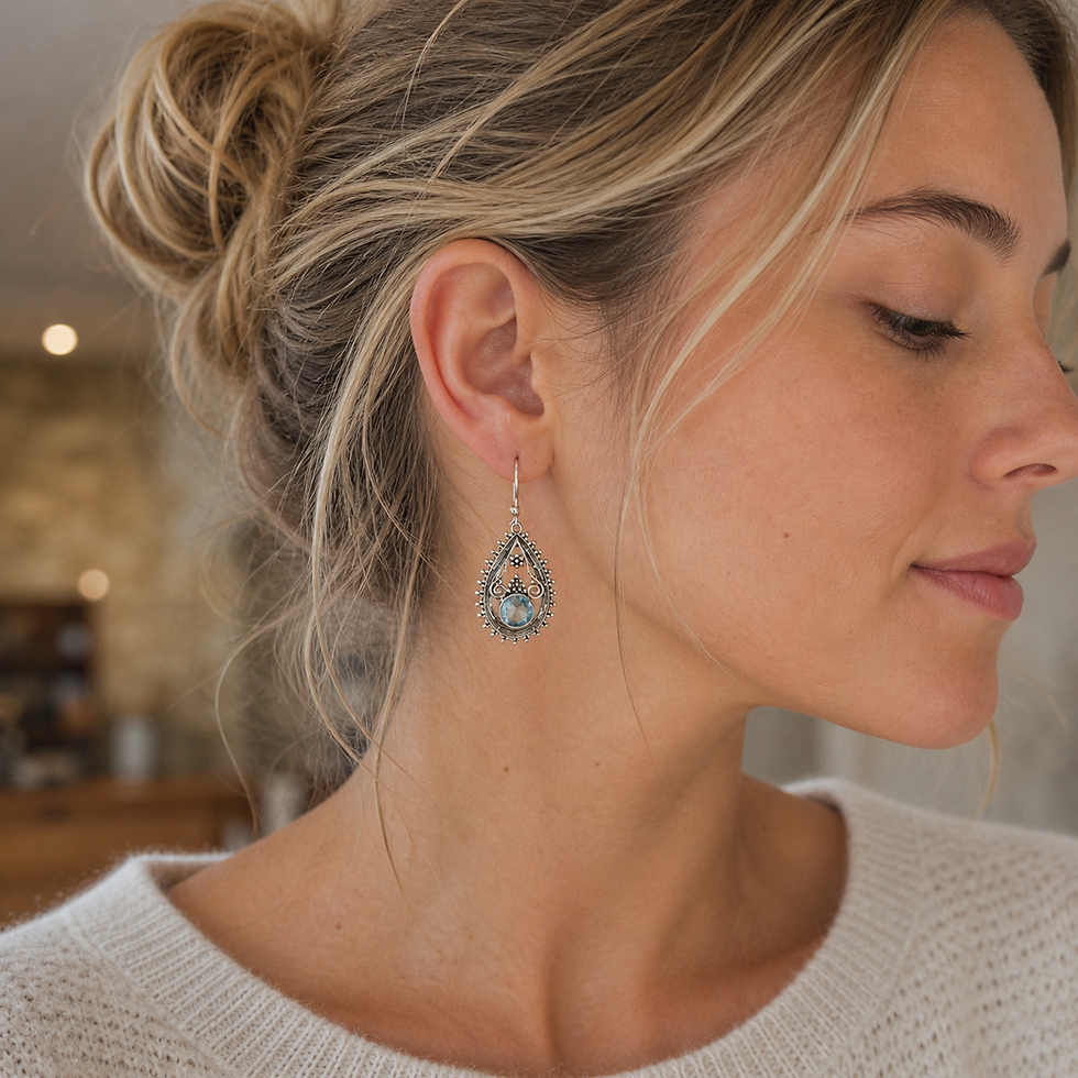 Boucles d'oreilles "Rosée bleue" en topaze bleue et argent 925‰/profil sur modèle