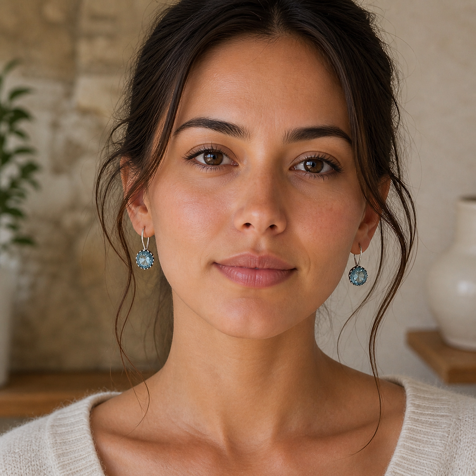 Boucles d'oreilles "Perle de givre" en topaze bleue et argent 925‰/vue sur modèle
