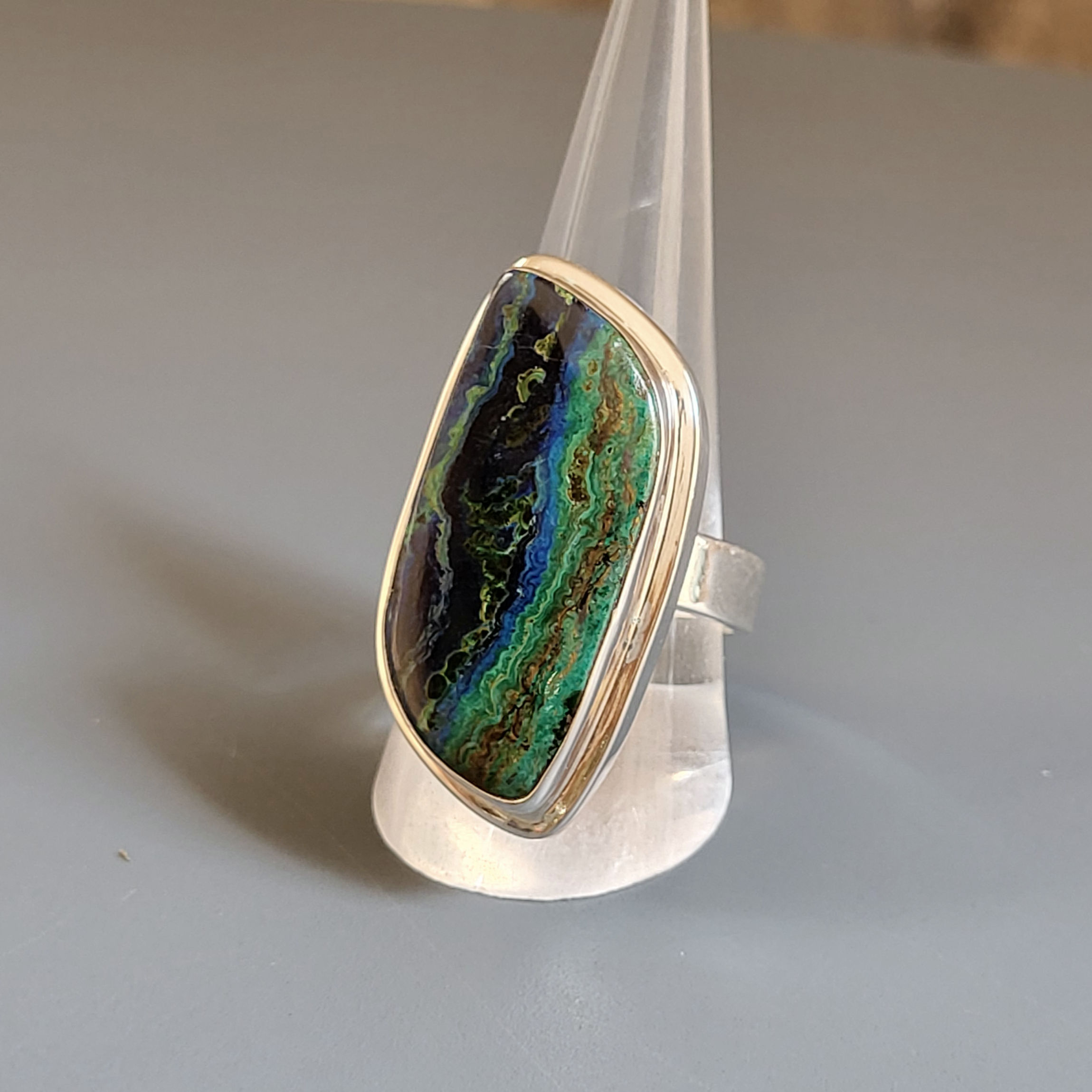 Bague moderne azurite/malachite et argent 925‰/gaiani.fr/vue trois quart