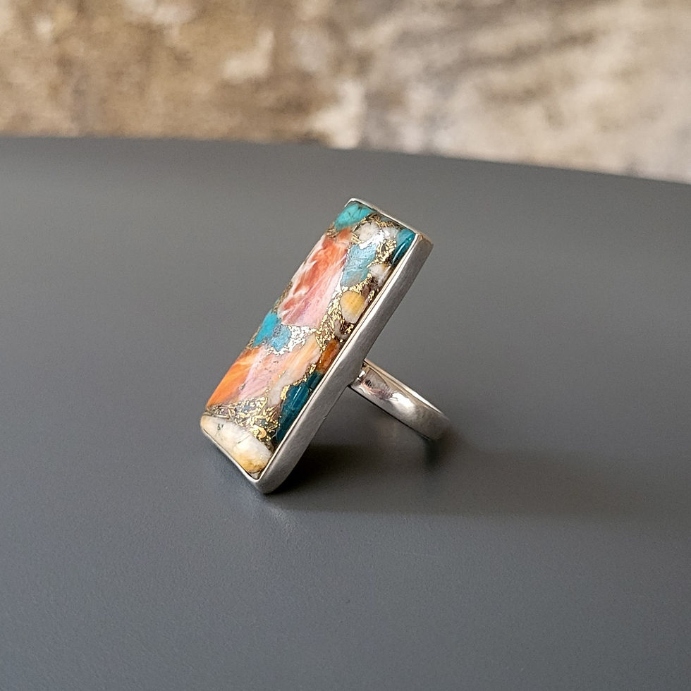 Miniature : Bague rectangle turquoise "spiny oyster" et argent 925‰/