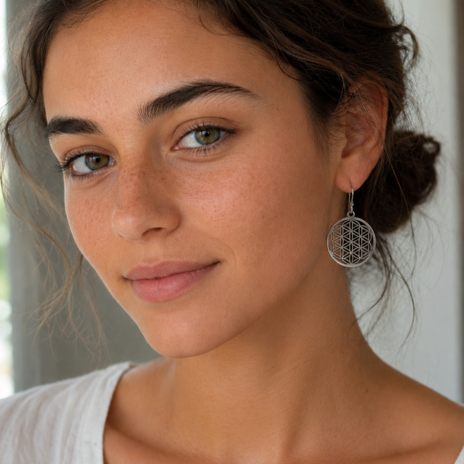 Boucles d'oreilles médailles fleur de vie en argent 925‰/vue sur oreille