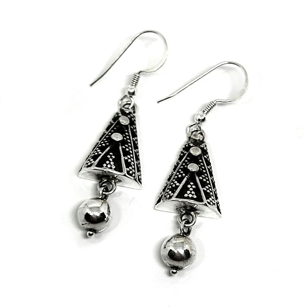vue aérienne de boucles d'oreilles en argent triangle ave perle ronde