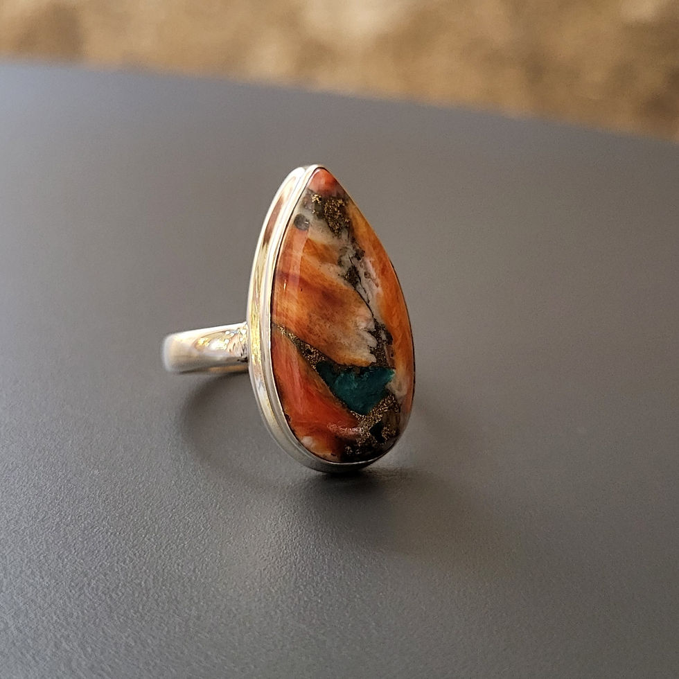 Miniature : Bague goutte allongée turquoise "spiny oyster" orangée et argent 925‰/vue trois quart droit