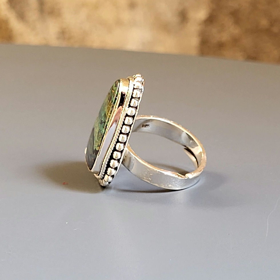 Bague triangle irrégulier  azurite/malachite et argent 925‰/gaiani.fr/vue profil