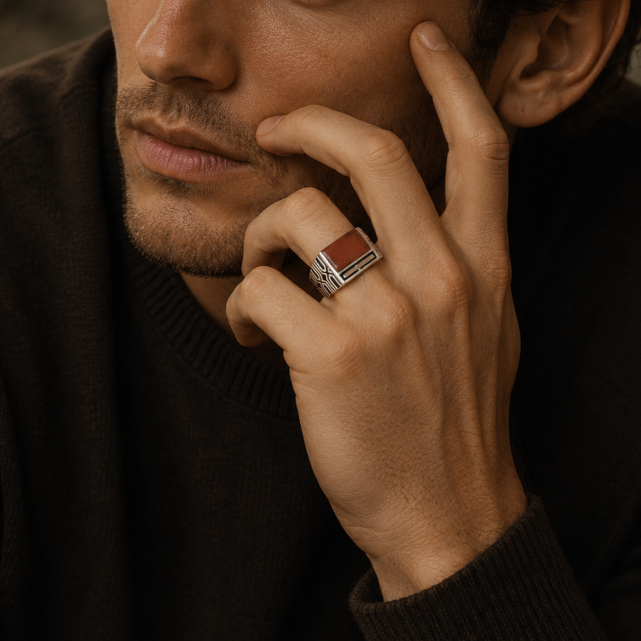 Bague rectangle cornaline et argent 925‰/vue sur main