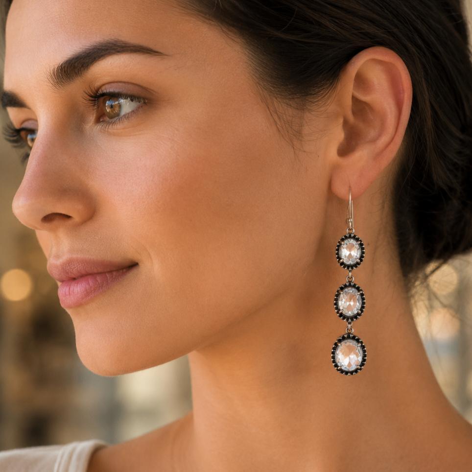 Boucles d'oreilles trio cristal de roche et argent 925‰/vue sur oreille