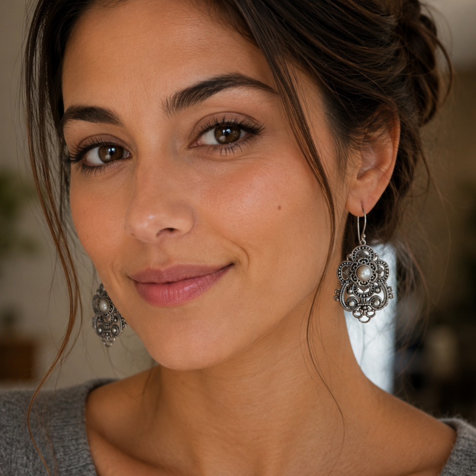 Boucles d'oreilles lyre perle fine et argent 925‰/vue sur oreille
