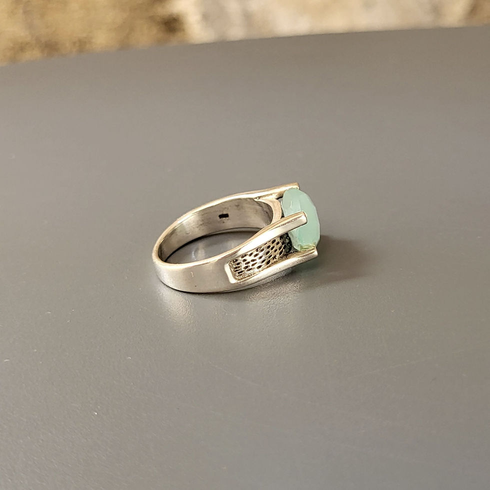 Bague calcédoine bleue ronde et argent 925‰/vue trois quart droit