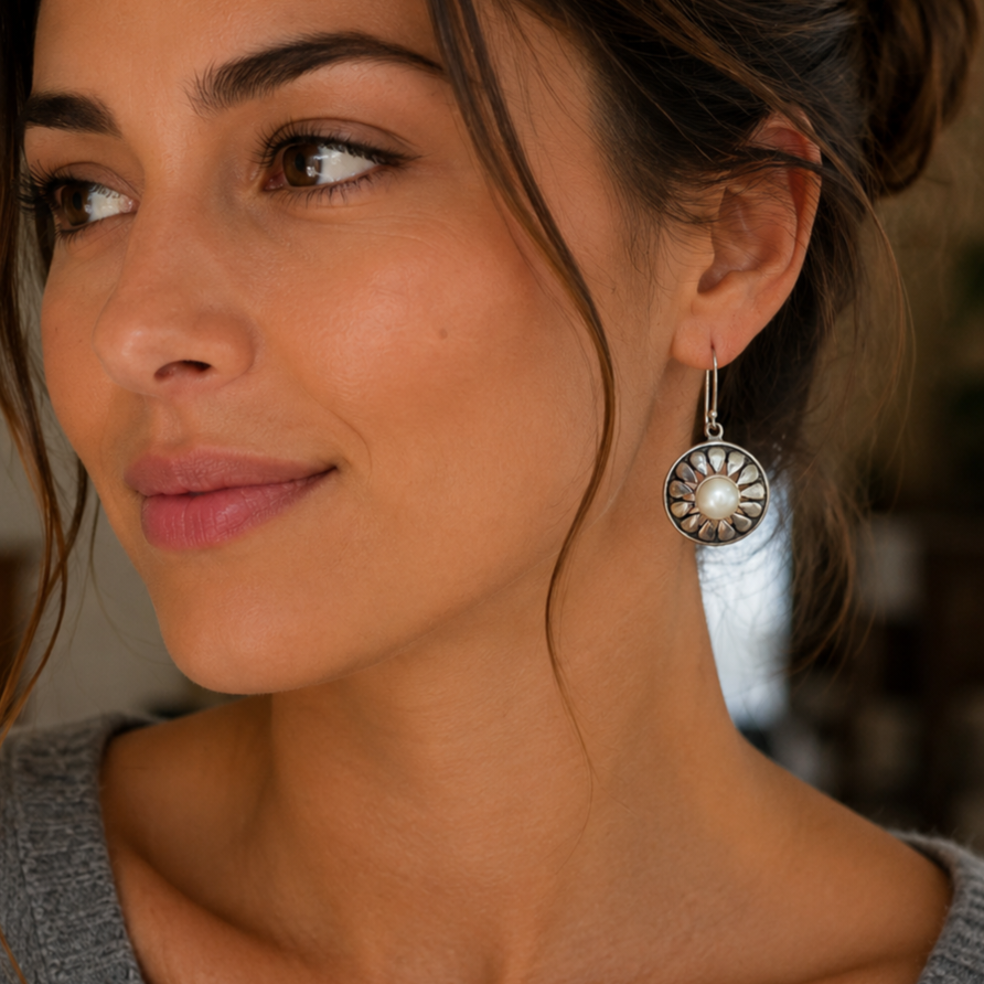 Boucles d'oreilles marguerite perle fine et argent 925‰/vue sur oreille
