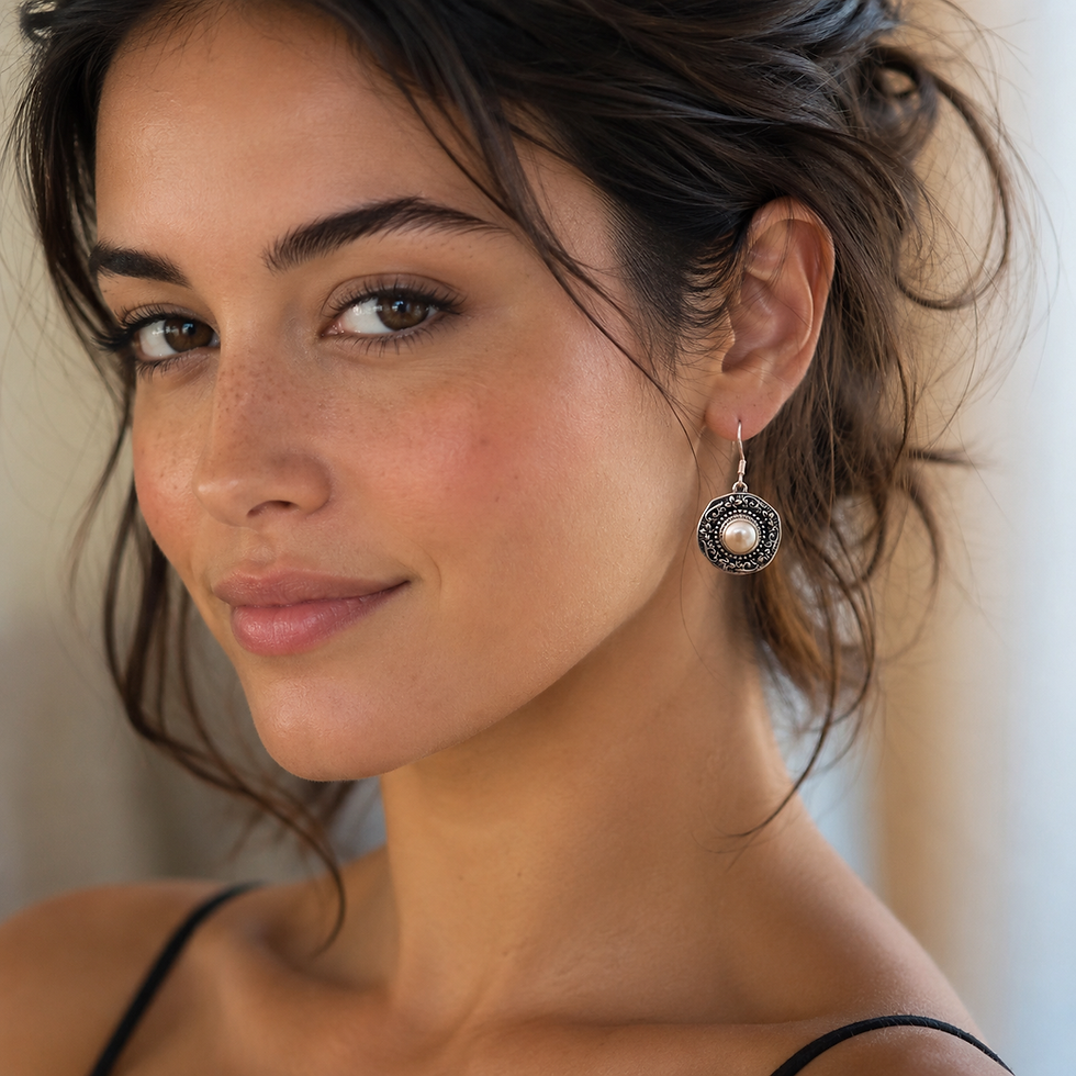 Boucles d'oreilles perle fine sur disque floral en argent 925‰/vue sur oreille