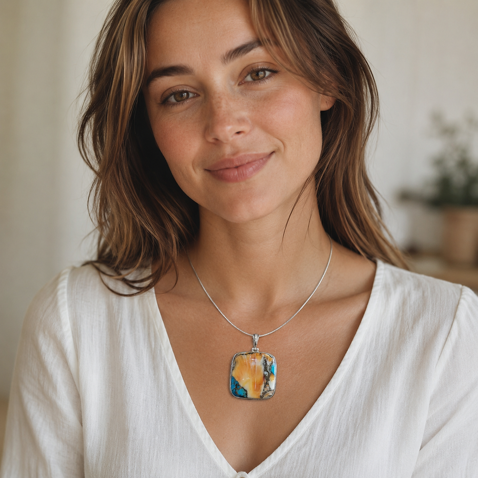 Pendentif turquoise spiny oyster carrée et argent 925‰/vue porté