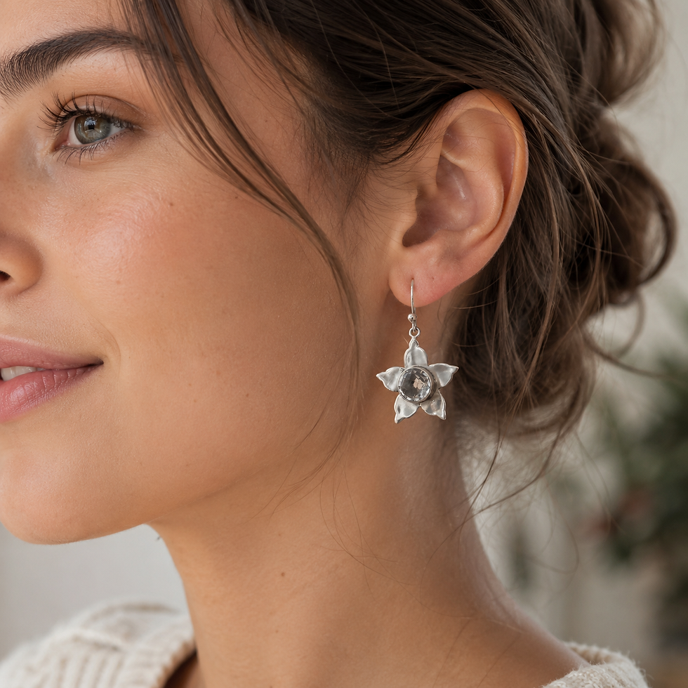 Boucles d'oreilles fleur cristal de roche et argent 925‰/vue sur oreille
