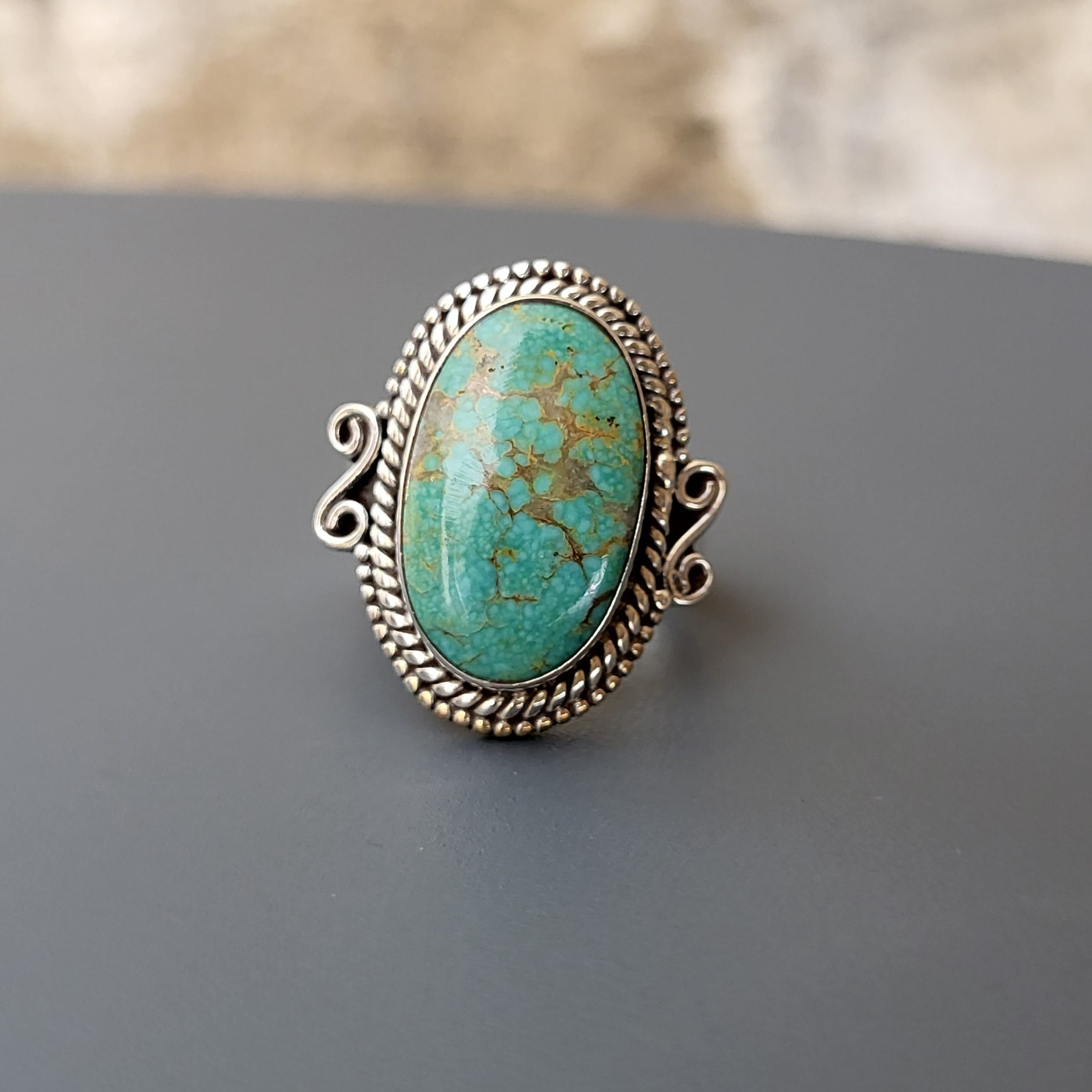 Bague ethnique en turquoise bleu-vert sur argent 925‰