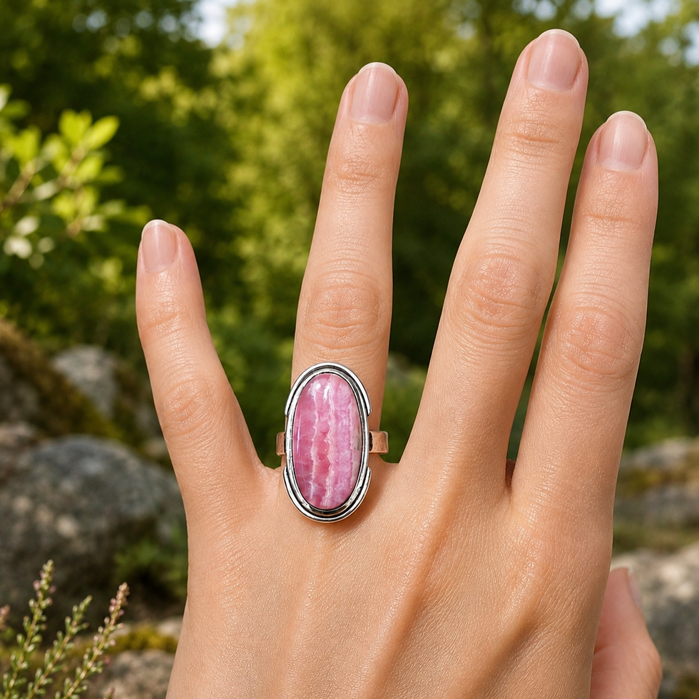 Bague rhodochrosite ovale polie et argent 925‰/vue sur la main