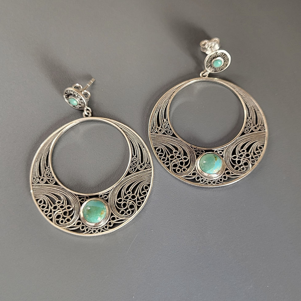 Boucles d'oreilles ethniques en turquoise et argent 925‰ filigrané/vue de face