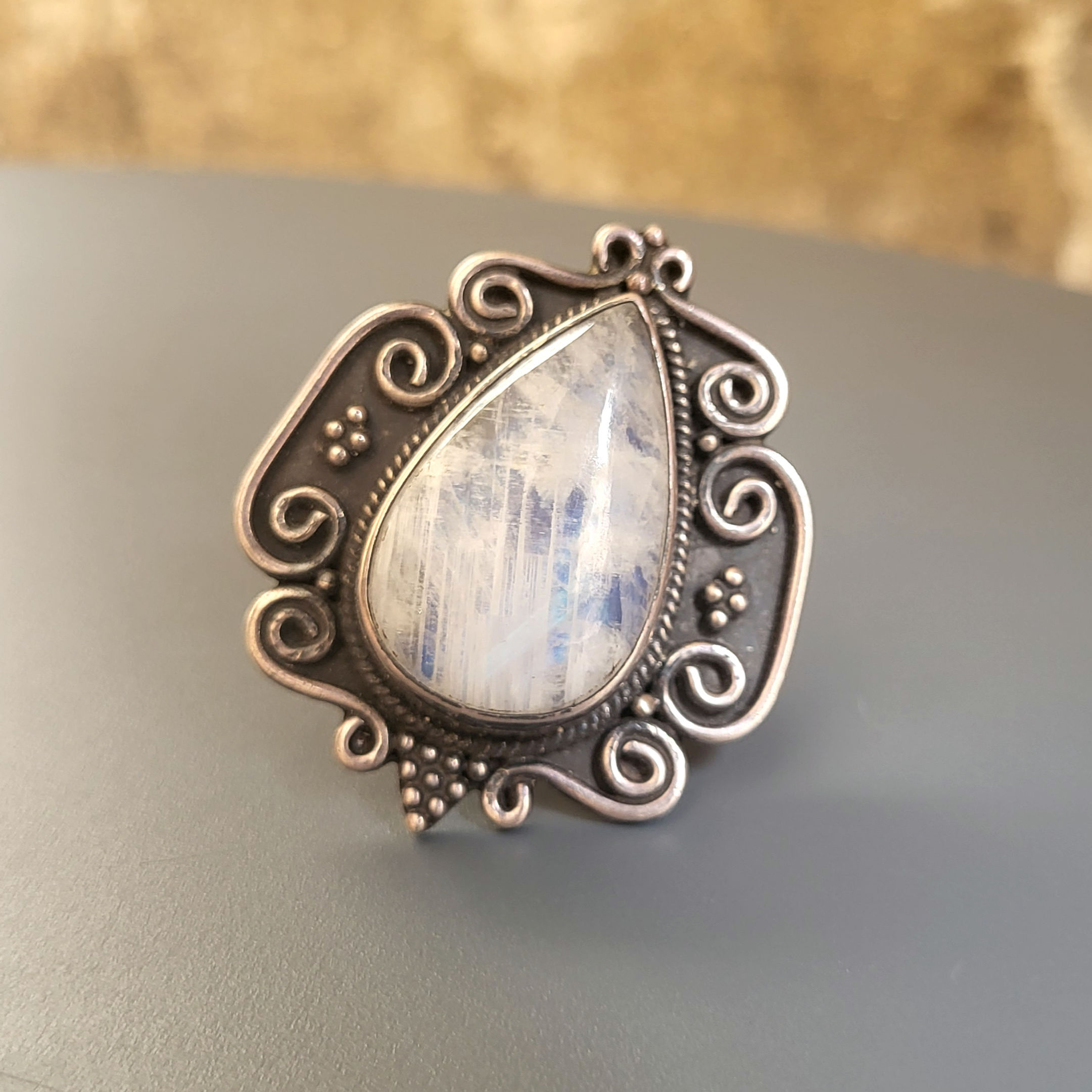 Grosse bague pierre de lune et argent massif 925‰