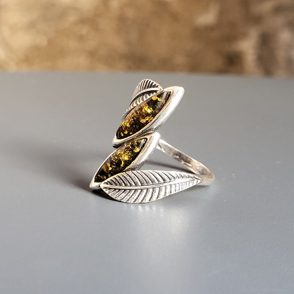 Miniature : Bague florale en ambre vert et argent 925‰/vue de trois quart
