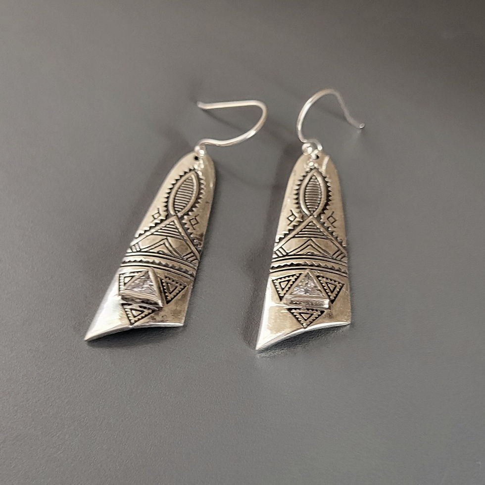 Miniature : Boucles d'oreilles ethniques cristal de roche taillé et argent 925‰