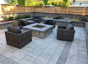 firepit, patio, courtyard, privacy screen, seating, pavers, fence, garden